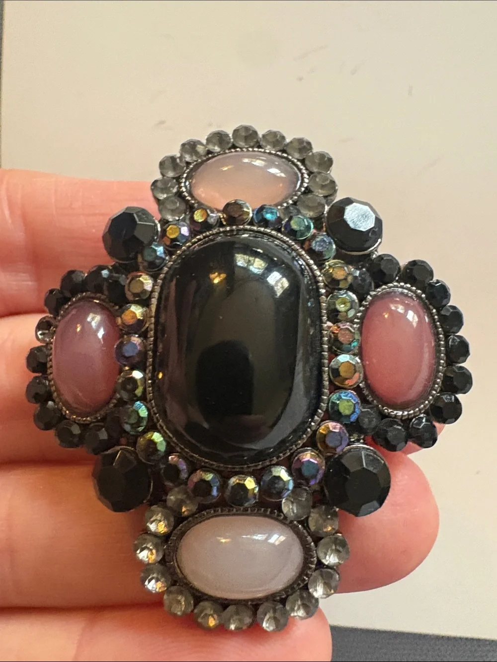 Vintage Statement Black and Pink Gemstone Brooch